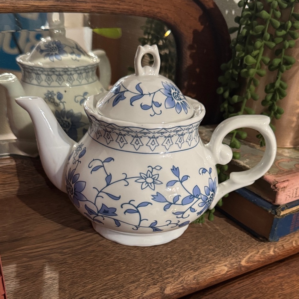 porcelain vintage Chinoiserie cottage core Charming Blue Floral Teapot